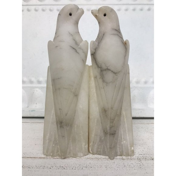 Vtg Art Deco Italian Alabaster Stone Parrot Bird Antq Hand Carved Bookends Luck - Picture 15 of 15